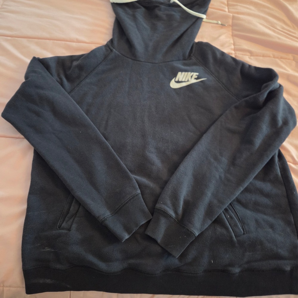 Nike Mens XL Black Funnel Neck Pullover Hoodie Fleece Sweatshirt Raglan Logo